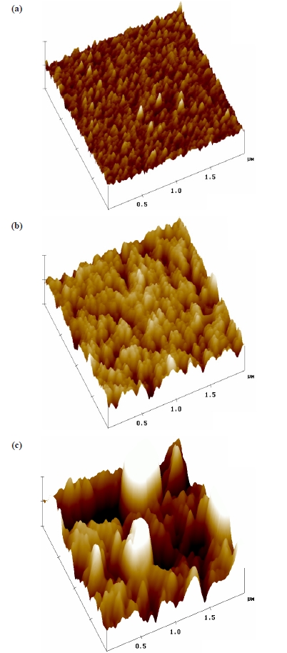 Atomic force microscope images observed from the hafnium nitride film deposited under varying conditions with respect to Vb. (a) 50 eV (RMS; 0.8 nm) (b) 100 eV (RMS; 1.6 nm) (c) 150 eV (RMS; 6.7 nm). RMS: root mean square.