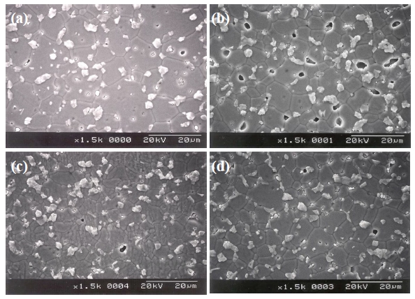 Scanning electron microscope micrographs of the samples with different Y2O3/Er2O3 ratios: (a) Y2O3/Er2O3=0.25/0.25 (b) Y2O3/Er2O3=0.25/0.5 (c) Y2O3/Er2O3=0.5/0.25 and (d) Y2O3/Er2O3=0.5/0.5.
