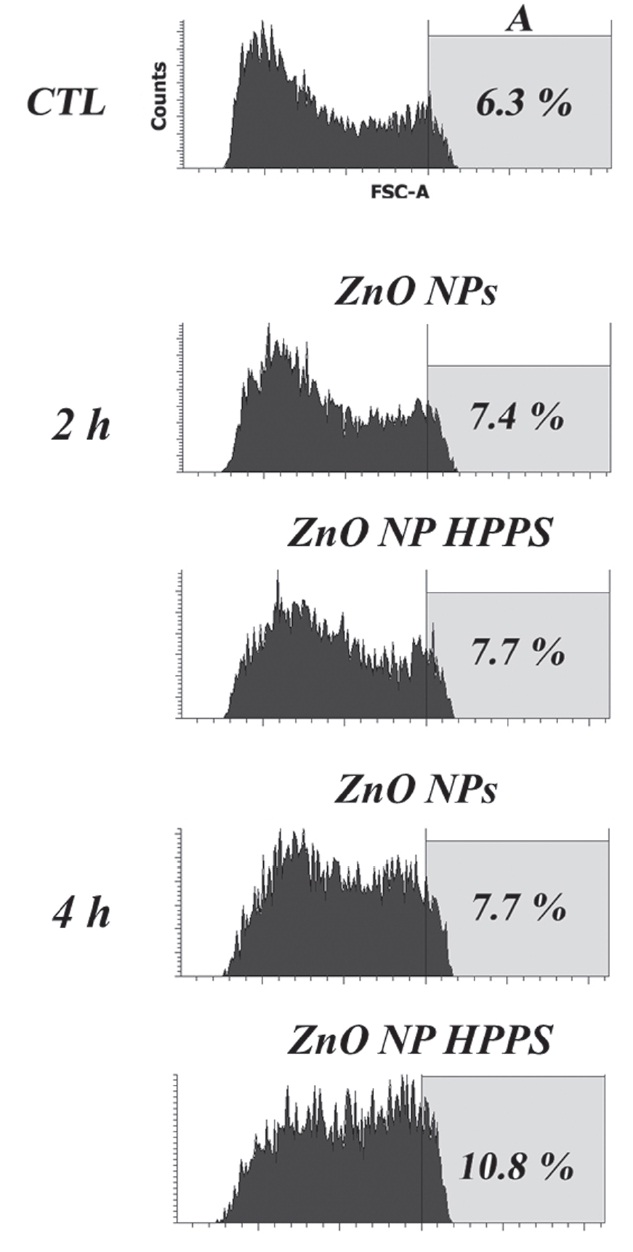 Uptake of ZnO NPs and ZnO NP HPPS in RAW 264.7 cells. The x axis represents the fluorescence intensity and reflects the amount of uptake, and the y coordinate shows the number of cell counts. The region of high fluorescence intensity (over 150,000) was assigned as A. A slight increase in the fluorescence intensity was observed especially in the ZnO NP HPPS treatment groups for 4 hrs.