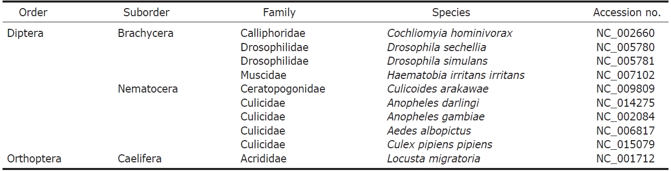 List of species compared with Chaoborus for phylogeny reconstruction