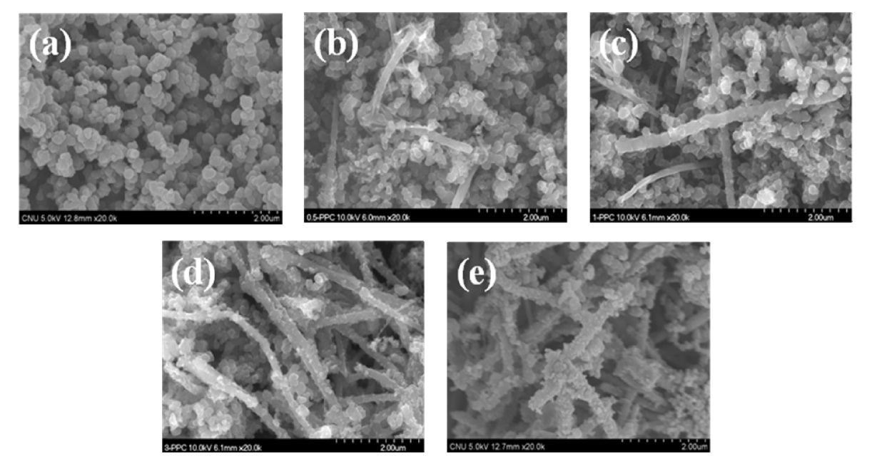 Field emission scanning electron microscopy images of (a) polypyrrole, (b) 0.5-PPC, (c) 1-PPC (d) 3-PPC, and (e) 5-PPC.