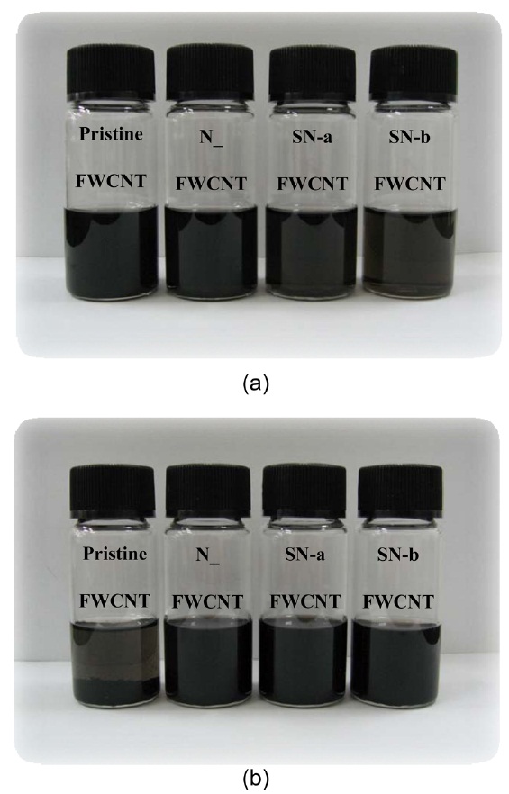 Digital photo-images of pristine and oxidized few-walled carbon nano tubes (FWCNTs) dispersed in N-dimethylformamide at nanotube concentrations of (a) 100 mg/L and (b) 200 mg/L, respectively. Pictureswere taken after 24 h.
