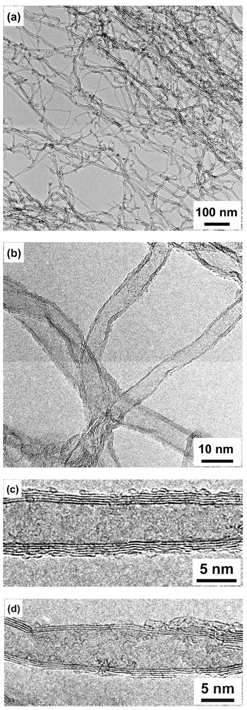 Transmission electron microscopy (TEM) image of as-grownthin multi-walled carbon nanotubes (MWCNTs) grown at a hydrogensulfide flow rate of 80 sccm (a,b) and high-resolution TEM images of thinMWCNTs with large inside hollow with five graphene layers (c) and threegraphene layers (d).
