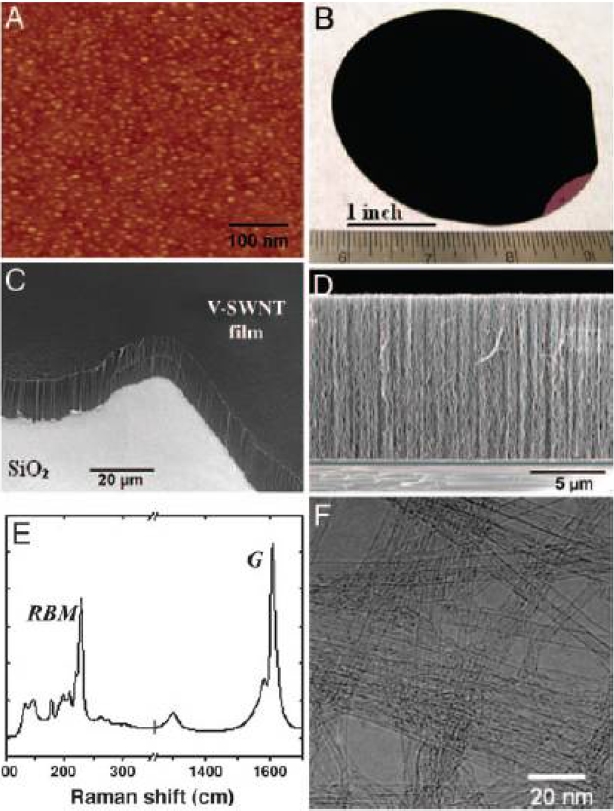 Molecular oxygen assisted plasma enhanced chemical vapor deposition (PECVD). (a) Atomic force microscopy image of Fe catalyst nanoparticles. (b) Optical image of vertically aligned single walled carbon nanotubes (SWCNTs) synthesized on 4 in wafer. (c) Low magnification scanning electron microscopy (SEM) image of vertically aligned SWCNTs. (d) Cross-sectional SEM images of vertically aligned SWCNTs. (e) Raman spectrum of vertically aligned SWCNTs grown with PECVD. (f ) High resolu-tion transmission electron microscopy image of SWCNTs. Reprinted with permission from Zhang et al. [96]. Copyright (2005) National Academy of Science, USA.
