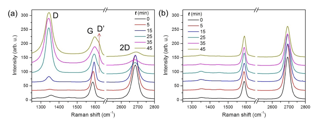 UV-induced changes in the Raman spectra of chemical vapor deposition-grown graphene transferred onto SiO2/Si substrates. The irradiation of UV light was carried out for a period (t) specified in the graphs with samples in (a) O2 and (b) Ar atmospheres. Following extended irradiation t > 15 min), another disorder-related Raman band, D’ , appears at 1620 cm-1 in (a), indicating that a significant number of defects have been created. (λ exc = 514 nm).
