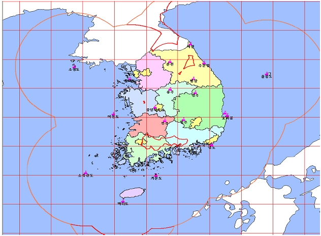 Service area of Korean differential global positioning systemapplying deduced radiation efficiencies.