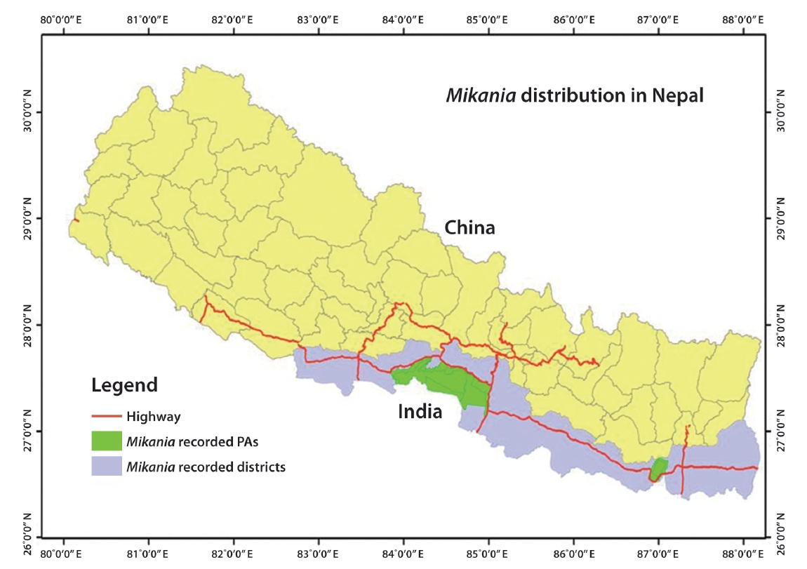 Distribution of Mikania micrantha distribution in Nepal.