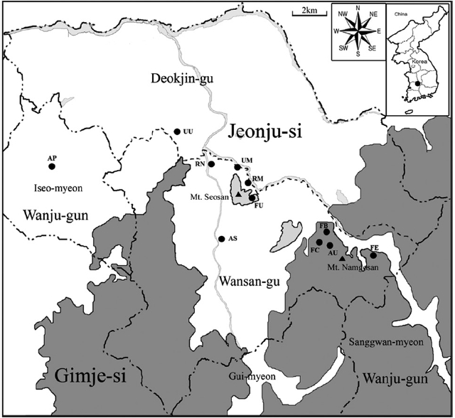 Location of survey sites in the southern west part of Korea. The shaded areas (dark grey) and closed circles indicate main forests and surveyed sites respectively. Abbreviation of surveyed sites is defined in Table 1.