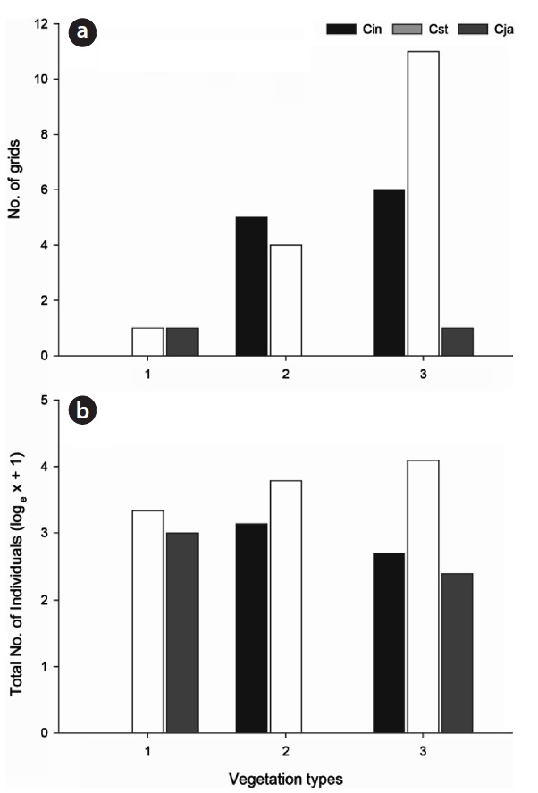 Number of quadrats (a) and individuals (b) distributed in each vegetation type; 1 exposed soil; 2 Miscanthus sinensis var. purpurascens; and 3 Quercus serrata. Cin Calosoma inquisitor cyanescens; Cst Carabus sternbergi sternbergi; Cja Carabus jankowskii jankowskii.