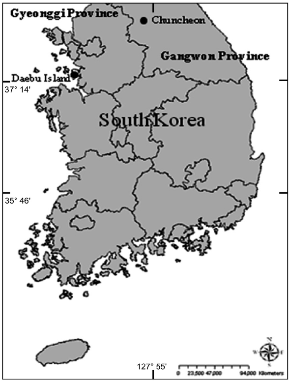 Map of the study sites: Shihwa reclaimed area, Ansan, Gyeonggi Province, and Chuncheon, Gangwon Province.