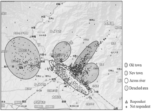 Areas of Kiryu city and sampled householders.