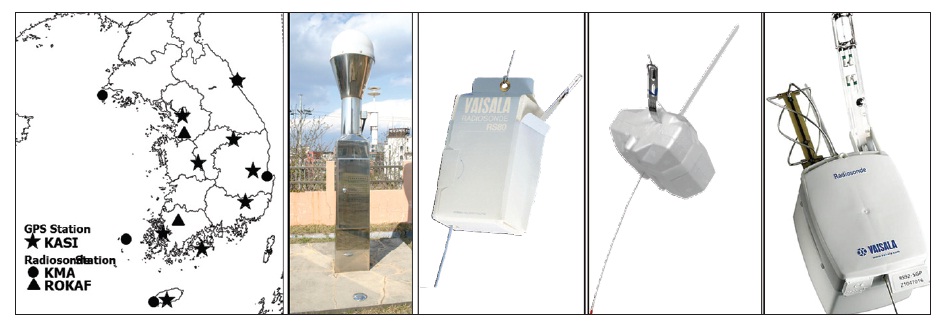 (From left) the locations of global positioning system (GPS) and radiosonde (KASI: Korea Astronomy and Space Science Institute, KMA: Korea Meteorological Administration, ROKAF: Republic of Korea Air Force), GPS station at Sokcho, Radiosonde RS80-15L, DFM-06 and RS92-SGP.