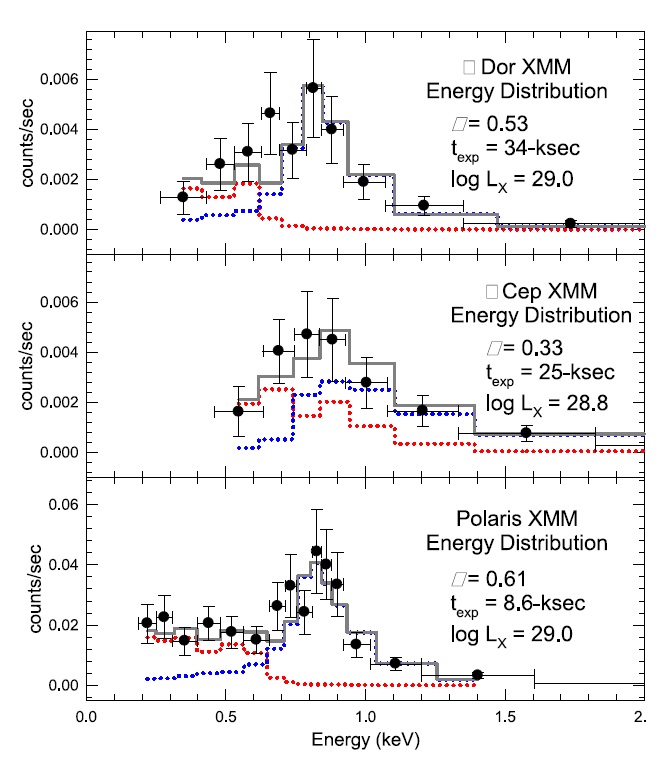 X-ray energy distributions for the 3 Cepheids detected so far. Gray solid lines indicate the 2-T fit to the data, while blue and red dotted lines plot the individual contributions of the temperatures. We note that subsequent observations of these Cepheids have been of longer exposure times, and have started to reveal X-ray variability, as shown in Fig. 5.