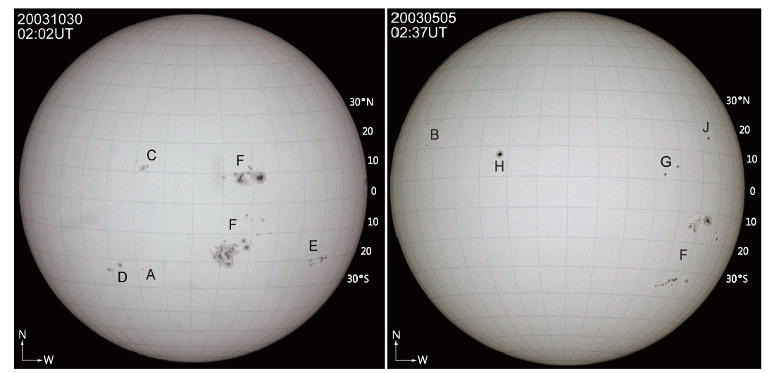 Example of sunspots observed at the ButterStar observatory. The Stony-Hurst Net showing the equator of the Sun is superposed on the observed Sun, which is photographed in 2003. Since it is near to the solar maximum, sunspot groups A-J all appeared and sunspots are distributed upto 38？.