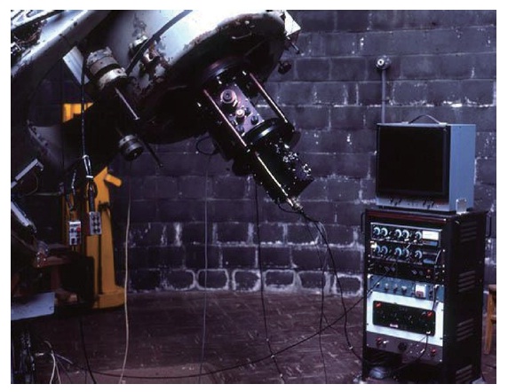 Early 1980’s photo of the photoelastic modulating polarimeter on 0.72 m Cassegrain at Flower and Cook Observatory.