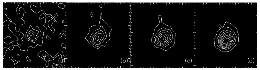 Contour maps of the observed images to confirm the exposure times of photometric method. Exposure time of each image is (a) 0.1 seconds (b) 0.2 seconds (c) 0.3 seconds (d) 0.4 seconds. Contours have bulges to directions of satellites motion on the images when the exposure time is longer than 0.2 seconds.