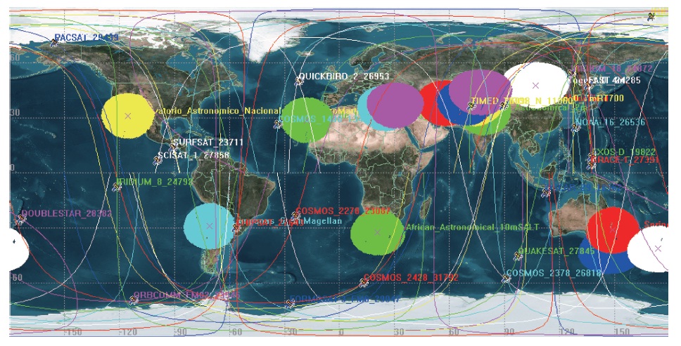 Visibility of orbital communications flight model-2 (ORBCOMM FM-2) on proposed 17 ground sites is drawn in topocentric horizon and the different color distinguish between sites.
