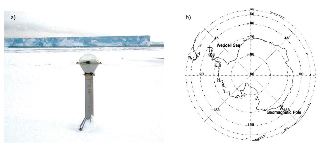 a) The global positioning system antenna at King Sejong station in Antarctic and b) Location of King Sejong station (KSJ) and geomagnetic pole on the geographic map.