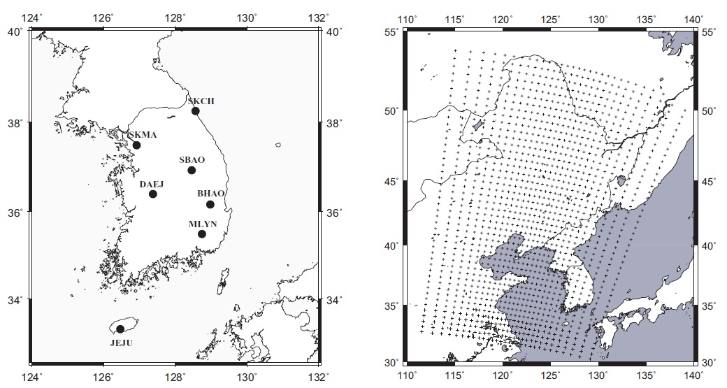 Locations of permanent global positioning system stations used in this study (left) and (right) the centers of atmo-spheric infrared sounder footprints taken on January 5 2008.