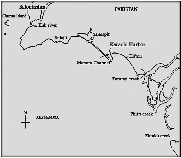 Coastal map of Pakistan. The sampling points along the Manora Channel coast of Karachi and Churna Island coast of Balochistan are marked by arrows.