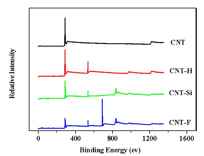 Wide-scan X-ray photoelectron spectroscopy spectra of pristine
MWCNTs, oxidized MWCNTs (CNT-H), silanol group coated MWCNTs (CNTSi),
and fluorinated MWCNTs (CNT-F). MWCNTs: multi-walled carbon nanotubes.