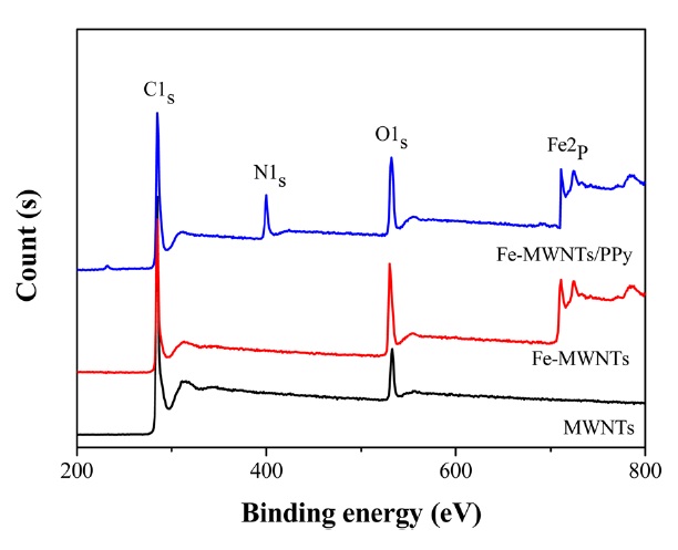 X-ray photoelectron spectroscopy curves of multi-walled carbon nanotubes (MWNTs), Fe-MWNTs, and Fe-MWNTs/PPy.