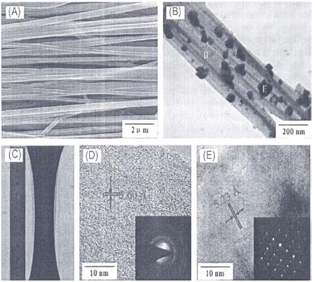 (A) Scanning electron microscope, (B) transmission electron microscope (TEM), and (C) macroscopic images of β-tricalcium phosphate (β-TCP)/carbon nanofibers (CNFs). HR-TEM images and selected area electron diffraction patterns (inset) of (D) carbon nanotubes and (E) β-TCP nanoparticles in the β-TCP/CNFs membrane [42].