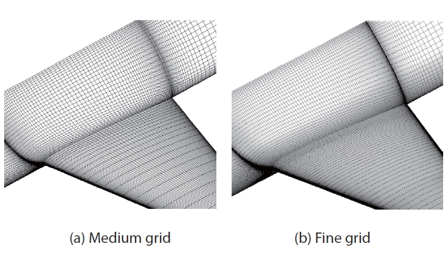 Surface grids of medium and fine grid systems near the wingbody junction (WB)