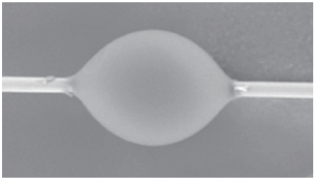 A typical microbond specimen - cured droplet on a fiber (M. Dey et al.)