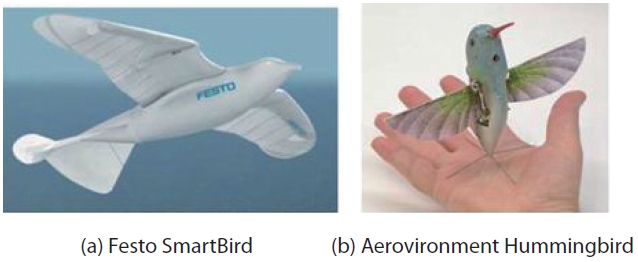 Festo SmartBird and the Aerovironment Hummingbird are recent examples of bio-inspired aircraft. Their might mechanisms share several commonalities with birds that they are designed to mimic. Source: Wikipedia. URLs: http://upload.wikimedia. org/wikipedia