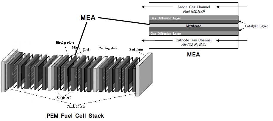 PEM fuel cell stack(Mehta and Cooper 2003)과 MEA(Siegel et al. 2003)