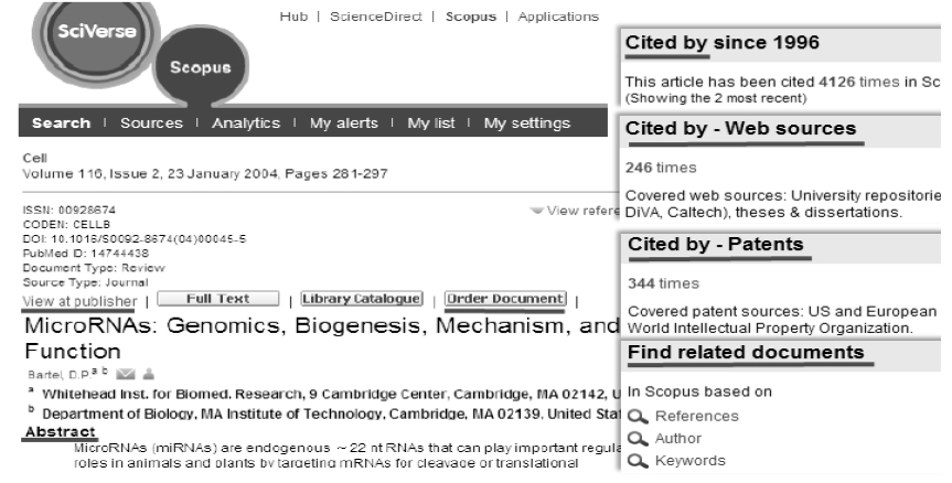 Scopus 논문 상세화면 기능구성(논문: MicroRNAs: Genomics Biogenesis Mechanism and Function 검색일: 2011.3.14)