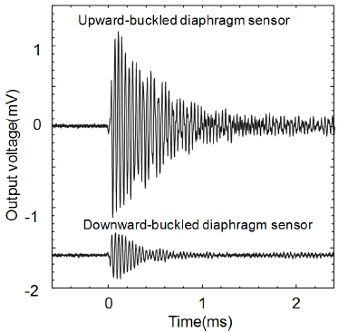 Transient responses of the sensors prepared on upward and downward buckled membranes under ultrasonic pulse application. Adapted from [16].