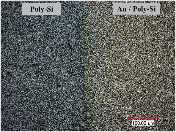 Optical microscope image of a poly-Si solar cell. The area on the left-hand side is the image of the bare poly-Si and that on the right-hand side is the Au-coated area.