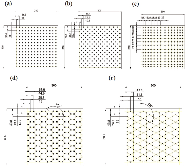 Configurations of five different arrays such as (a) square, (b) diamond, (c) two-way bias quadrangular, (d) hexagonal honeycomb, and (e) Kagome lattices, without lens for the plate type LED lighting device.