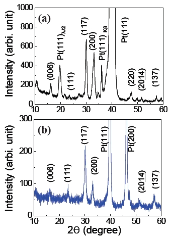 X-ray diffraction profile of the physical vapor deposition-BLT thin film (a) and that of the BLT powder analyzed after crystallization annealing (b). BLT: (BiLa)4Ti3O12.