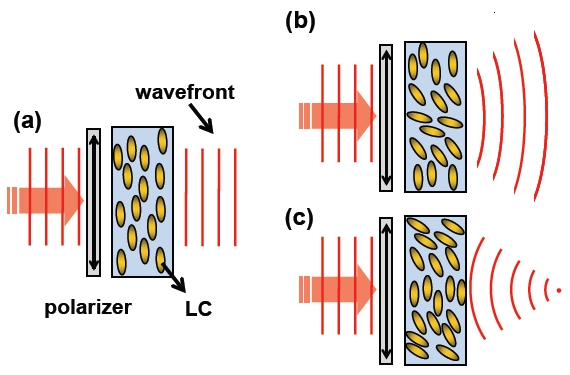The operating principles of the liquid crystal (LC) lens with a homogeneous cell gap. (a) The focal length of the LC lens is infinity. (b) The LC lens is a negative lens and (c) the LC lens is a positive lens.