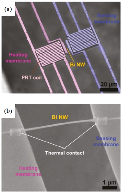 (a) SEM image of the suspended microdevice for measuring the thermal conductivity of individual Bi nanowires. (b) SEM image of an individual Bi nanowire placed between the heating membrane and sensing membrane. Reproduced with permission from [44].