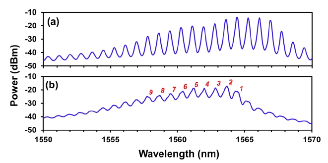 The optical spectra with (a) 0.0 nm and (b) -0.4 nm wavelength detuning after direct modulation.