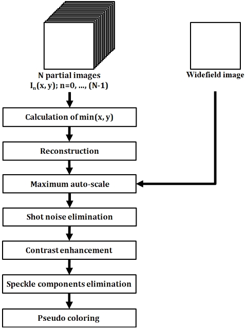 FIG. 2. Flow chart of the image reconstruction and post-processing algorithm: In(x y): each sub-image acquired by DMD-ISFODS and N: number of measured sub-images.