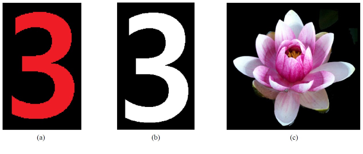 Object images: (a) monochromatic image (b) white color image and (c) natural image.