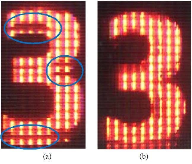 Experimental results of monochromatic image: (a) with conventional pickup method with image discontinuity problem and (b) with proposed modified subpixel pickup method.