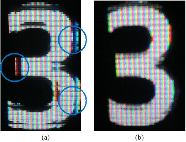 Experimental results of white color image: (a) with conventional pickup method with color separation problem and (b) with proposed modified subpixel pickup method.