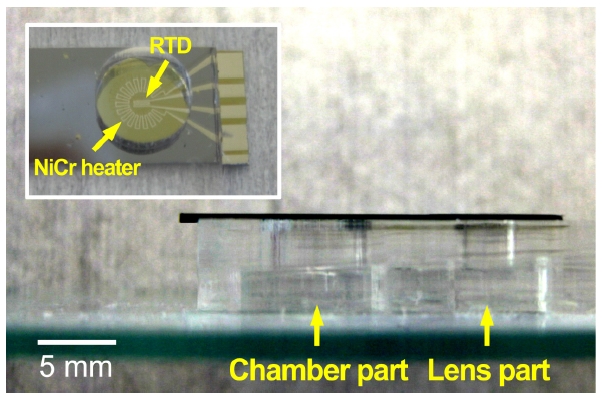 Cross-sectional image of fabricated liquid lens. Enlarged overhead image of air chamber part (inset).