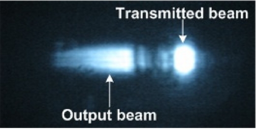Photograph of the transmitted and output beam obtained by the IR camera.