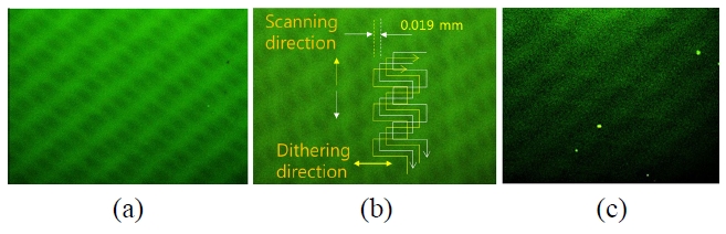 Fluorescence microscope images of donor plates when (a) sine wave, (b) square wave, and (c) saw tooth wave were applied to the acousto-optic modulator respectively.