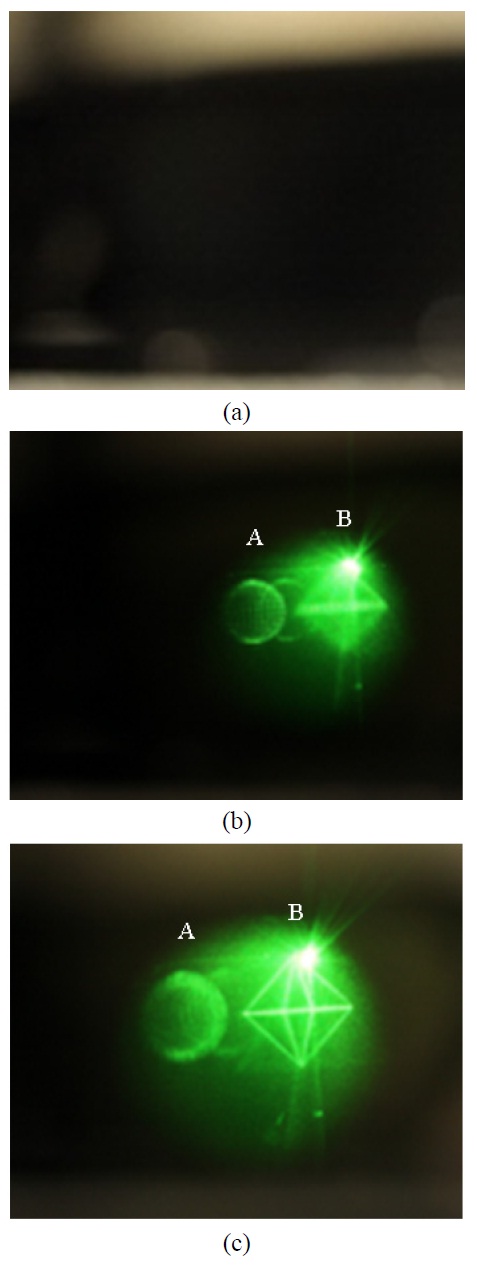 Transmission of the displayed 3D image in different LC shutter states (a) opaque state, (b) transparent state, (c) trans-parent state with a different camera focal distance.