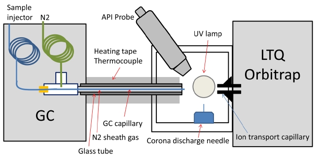 A schematic diagram of GC-API-LIT Orbitrap interface viewed from the side. Corona discharge needle is shown at the bottom for convenience, but it is at the same position with UV lamp out of the plane.