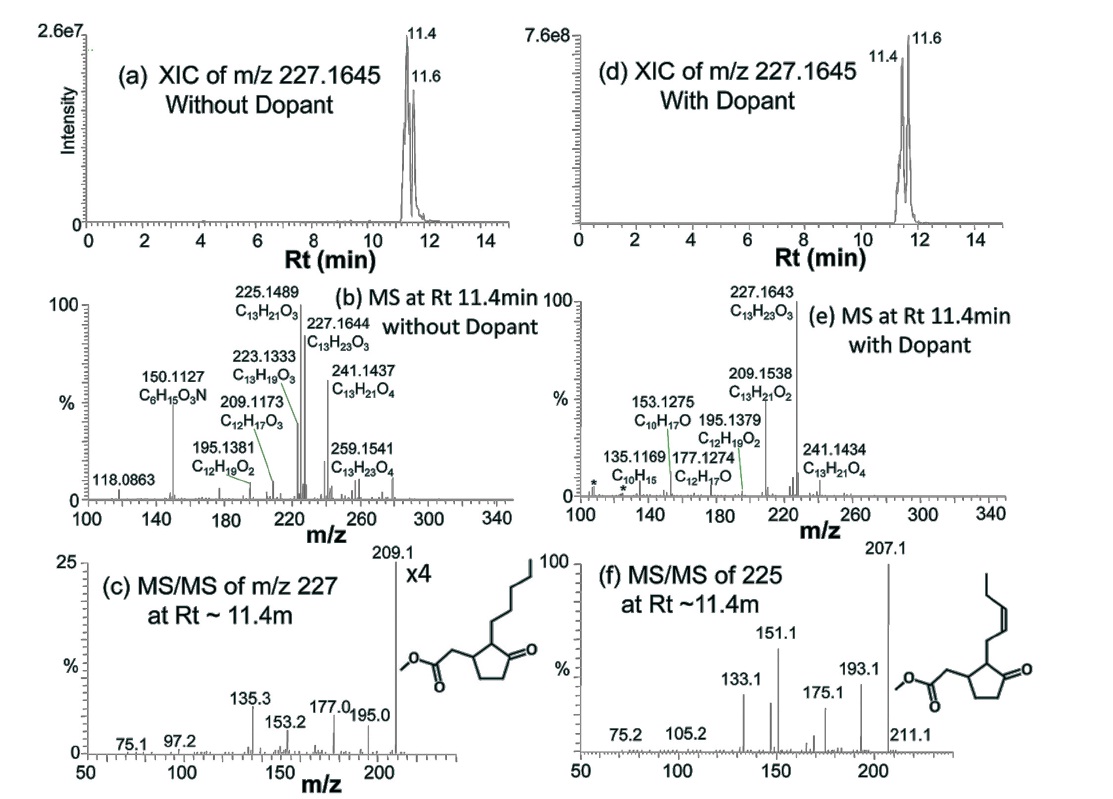 Identification of hedione and methyl jasmonate. XIC of m/z 227.1645 (C13H23O3) (a) without and (d) with dopant spray. MS spectra at Rt ~11.4 min (b) without and (e) with dopant spray. MS/MS spectra of (c) m/z 227 and (f) m/z 225 at Rt ~11.4 min match those of hedione and methyl jasmonate, respectively. *: Background ions produced by dopants.