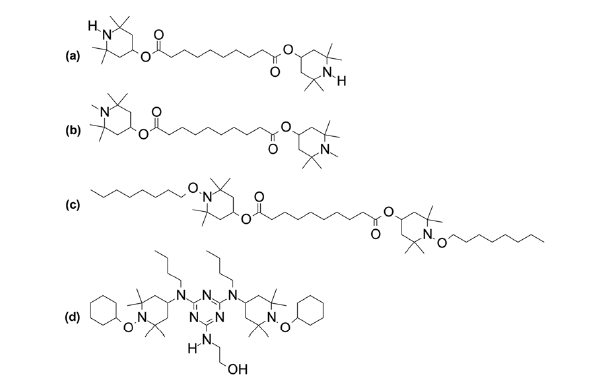Structures of the four commercially available hindered amine light stabilisers used in this study: (a) TINUVIN® 770, (b) TINUVIN® 292, (c) TINUVIN® 123 and (d) TINUVIN® 152.